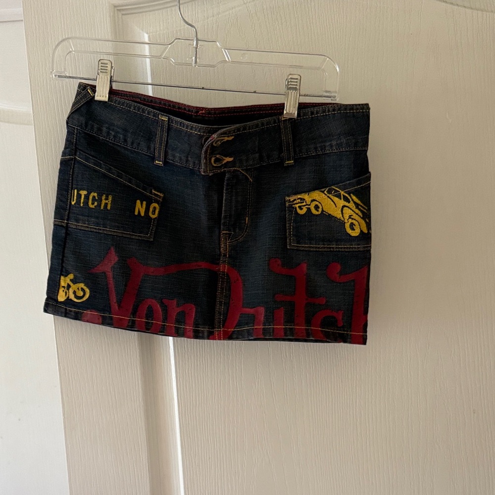 * Like New* Von Dutch Women's Denim Skirt - Black, Red, and Yellow